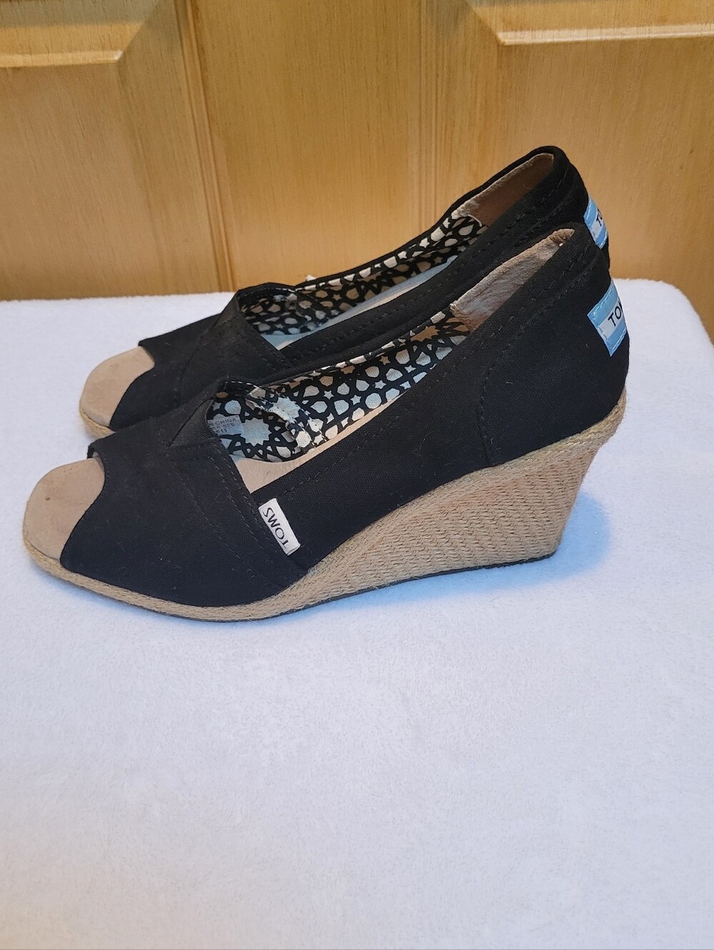 TOMS Black Canvas Peep-Toe Wedge Espadrille